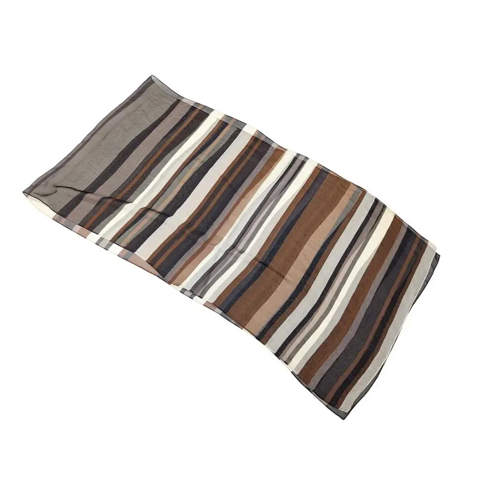 Vintage Scarf Silk Black Brown Cream Stripe Sheer Rectangular